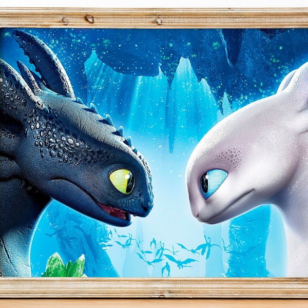 Light Fury and Toothless, How to train your dragon: The Hidden World, Printable Poster Download, Animation Film, Digital