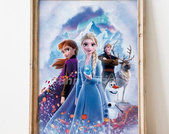 May include: A framed print featuring the characters from the movie Frozen II. Elsa, Anna, Kristoff, and Olaf are standing in front of a snowy mountain landscape. The print has a blue, white, and purple color scheme.