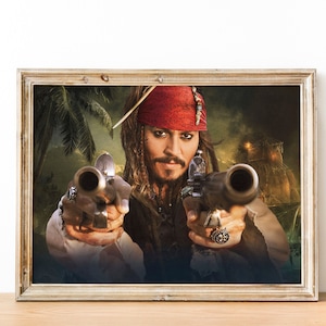 May include: Framed print featuring a portrait of a man with long hair and a goatee, wearing a red bandana and holding two pistols. The background shows a tropical scene with palm trees and a ship.