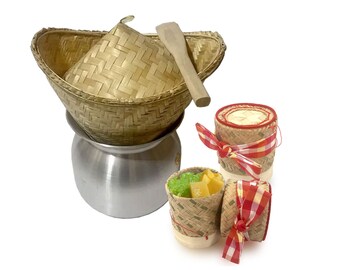 Jasmin Lao Sticky Rice Cooker Steamer Bamboo Basket Pot Spatula + 2 Sticky Rice Basket Container Original Thai Kitchen for Thai Food