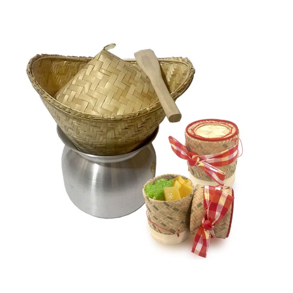 Jasmin Lao Sticky Rice Cooker Steamer Bamboo Basket Pot Spatula + 2 Sticky  Rice Basket Container Original Thai Kitchen for Thai Food