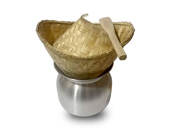 Jasmin Lao Sticky Rice Cooker Steamer Bamboo Basket Pot Spatula Set Sweet Pearl Original Thai Kitchen for Thai Food