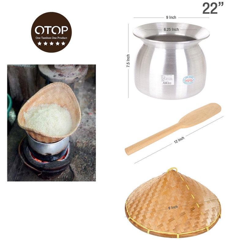 Jasmin Lao Sticky Rice Cooker Steamer Bamboo Basket Pot Spatula Set Sweet Pearl Original Thai