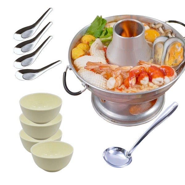 Thai Aluminum Tom Yum Soup Serving Bowl Family Set with Soup Bowls, Spoons, and Ladle for Tom Yum Prawn, Kung, Hot Pot