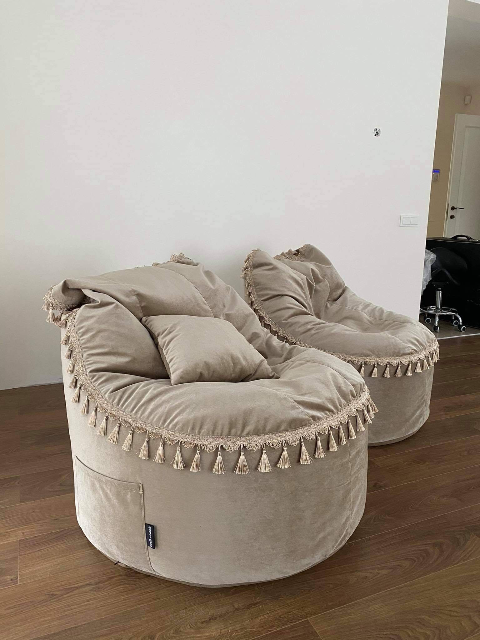 Large Luxury Bean Bag Chair Golden Tassels Light Gray Etsy