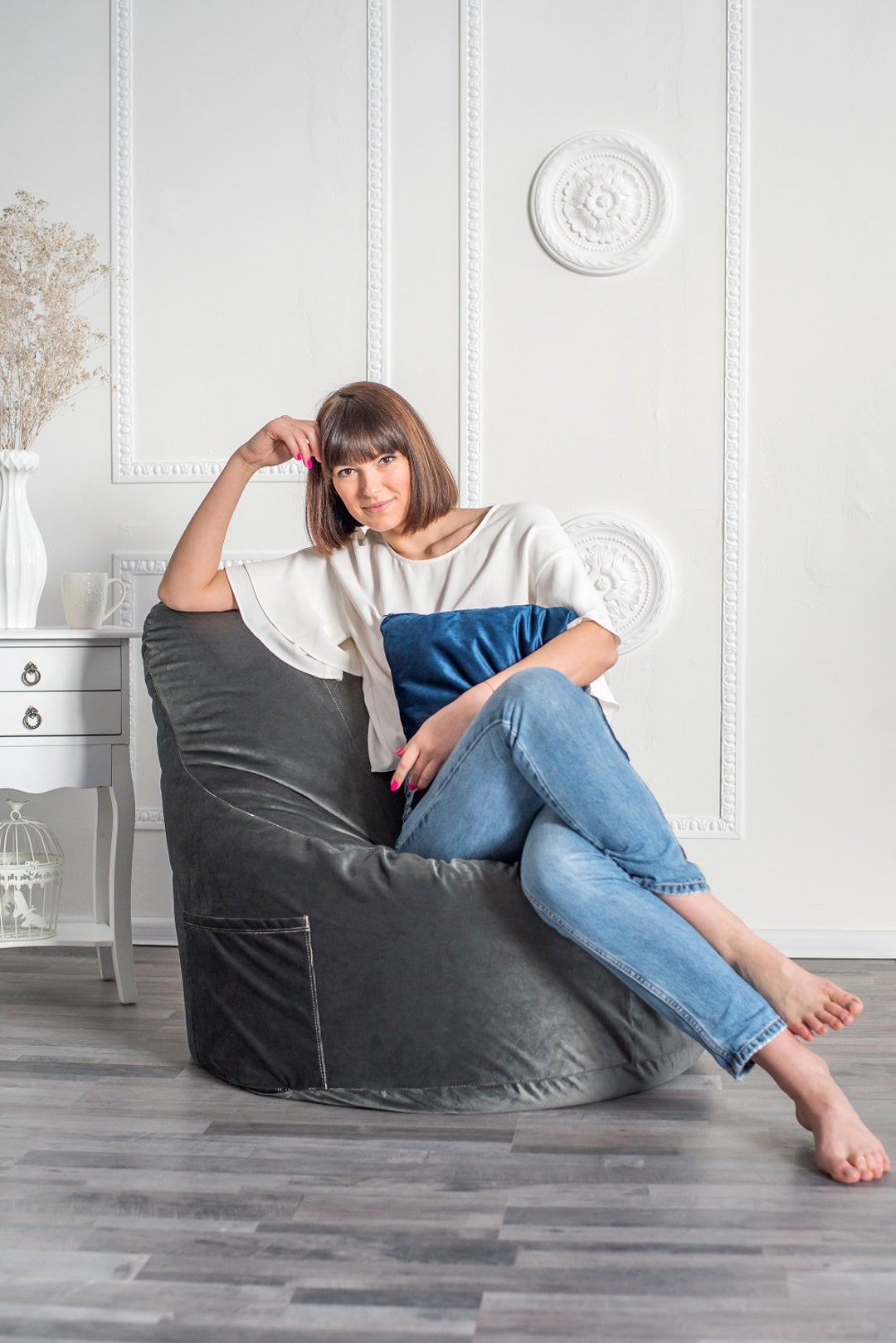 Gray Velour Bean Bag Chair Inner and Outer Bags With Zippers Etsy