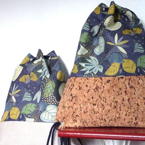 Kork Leder Turnbeutel  Innentasche floral blau beige  Kork Rucksack  Cord Damen Tasche