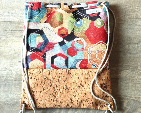 Geometric Cork Drawstring Backpack - Multicolor Cork Backpack | Geometric Design – CORKADIA main image 4