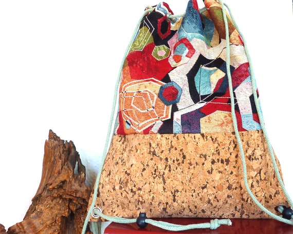 Geometric Cork Drawstring Backpack - Multicolor Cork Backpack | Geometric Design – CORKADIA main image 3