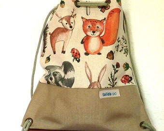 NEW children's bag "painted animals", name tag children's gym bag, inner lining and Cordura waterproof, 28x32 - width / height