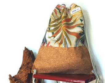 Cork-leather gym bag floral leaves inner pocket cork backpack