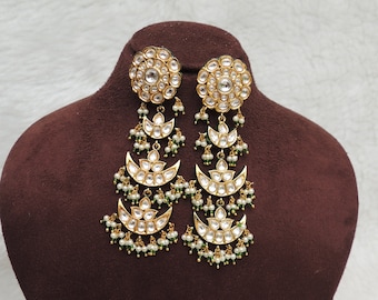 Indian Kundan Long Earrings with pearls & green beads, Pachi Kundan Indian Earrings, Golden Indian Wedding jewelry, Traditional Earrings