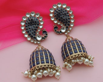 Gold tone Peacock earrings with Kundan & blue stones, Indian Jhumka style earrings with pearls, Indian wedding jewelry, Bollywood jewelry