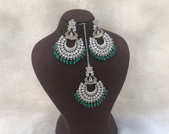 Silver plated Crescent shaped Earrings & Mang Tika set with Kundan stones, Dropping Chandbalis Dangler Earrings, Bollywood Indian Jewelry