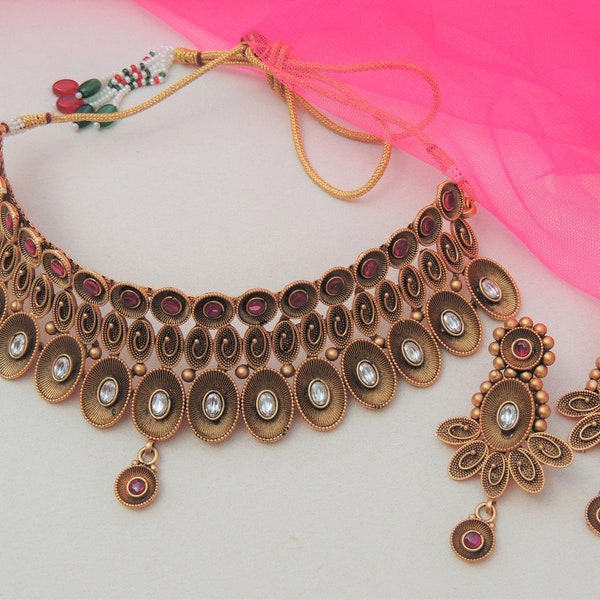 Antique Gold plated Indian Kundan Wedding Jewelry for Indian Brides,Kundan Choker for Bride,Indian wedding Necklace,Pakistani Bridal Jewelry