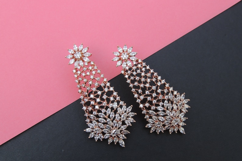 Long Stylish Earrings with american diamonds Earrings for Bride Wedding jewelry Rose Gold Mesh Earring with Cubic Zirconia Diamonds