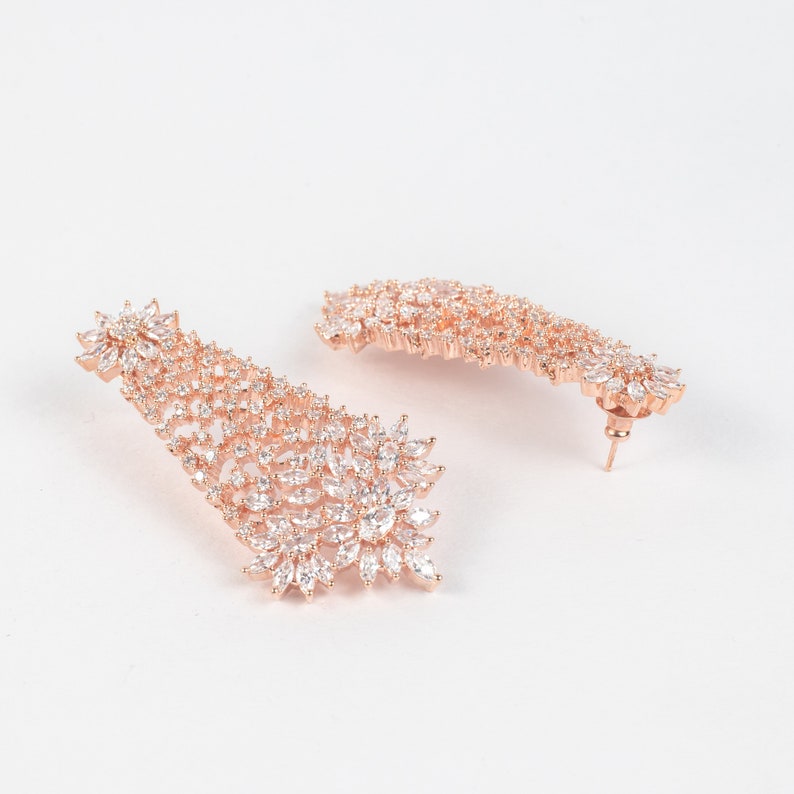 Long Stylish Earrings with american diamonds Earrings for Bride Wedding jewelry Rose Gold Mesh Earring with Cubic Zirconia Diamonds