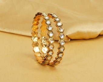 Gold polish Kundan bangles, Designer Indian Bangles, Gold tone Classic Bangles, Clear colour Kundan Kada, Indian  wedding jewelry in gold