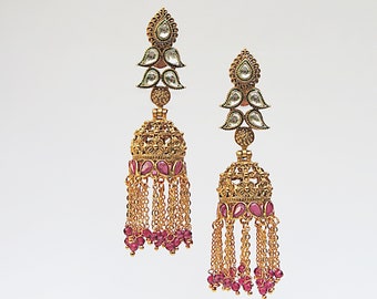 Indian Traditional Gold Plated Jhumka , Tassel earrings,South Indian 24K gold tone statement Temple Jewelry for women,Indian Wedding jewelry