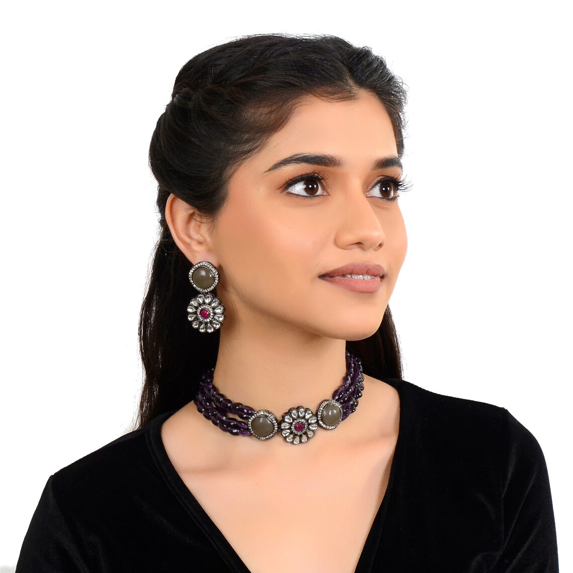 Purple Beaded Choker Necklace with Floral Pendant & Earrings Etsy