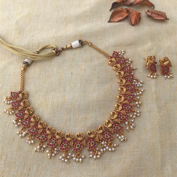Antique Gold Necklace Earrings With Small Peacock Design Etsy