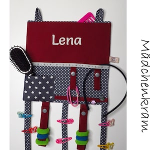 Haarspangenhalter mit Name handgemacht aus Stoff / Utensilo Haarschmuck weinrot / Aufbewahrung Spangen grau / Ordnungshelfer Haargummis