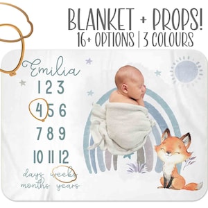 Baby Boy Milestone Blanket, Boy Month Blanket, rainbow, Premium baby blanket, Fox nursery baby blanket, Personalized milestone blanket