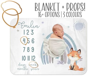Baby Boy Milestone Blanket, Boy Month Blanket, rainbow, Premium baby blanket, Fox nursery baby blanket, Personalized milestone blanket