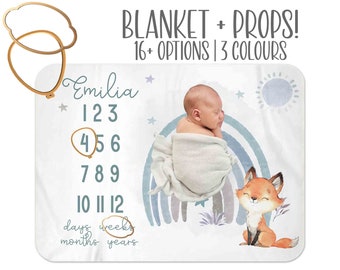 Baby Boy Milestone Blanket, Boy Month Blanket, rainbow, Premium baby blanket, Fox nursery baby blanket, Personalized milestone blanket