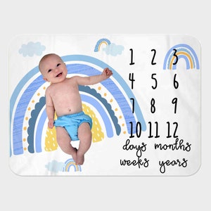 Couverture jalon bébé garçon, couverture mois garçon, arc-en-ciel, couverture bébé haut de gamme, couverture bébé personnalisée, couverture jalon personnalisée
