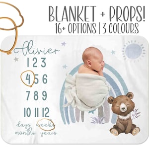 Manta de hitos para bebé niño, manta de mes para niño, arcoíris, manta de bebé premium, manta de bebé de guardería Woodland, manta de hitos personalizada