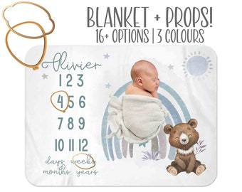 Baby Boy Milestone Blanket, Boy Month Blanket, rainbow, Premium baby blanket, Woodland nursery baby blanket, Personalized milestone blanket