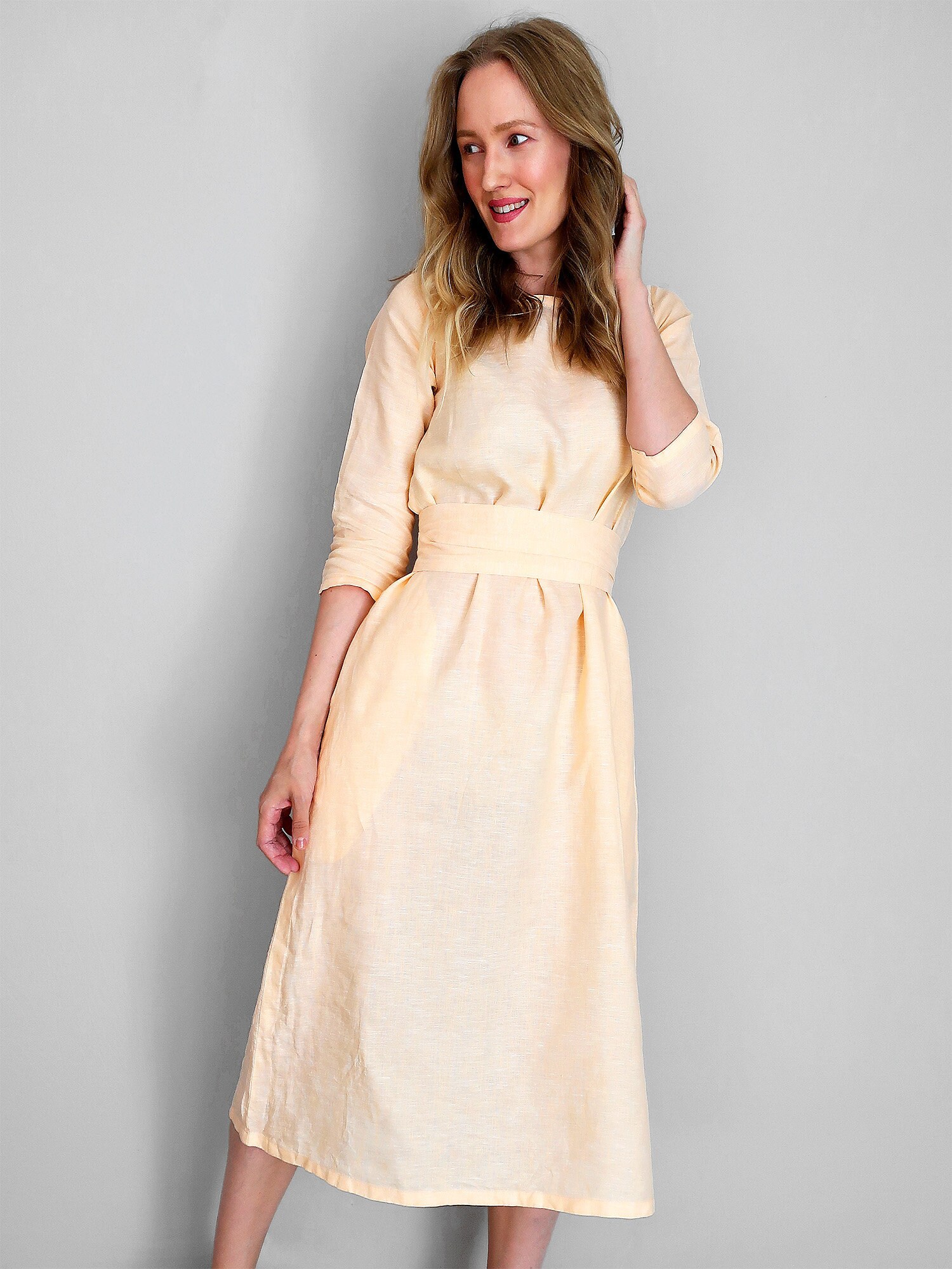 Peach Linen Dress Long Sleeve Linen Dress With Pockets & Etsy
