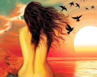 Moving On, Wall Art Print, Artwork from the Rainbow Oracle deck, Naked woman illustration, Sunset