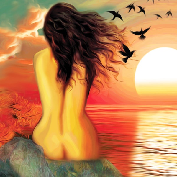 Moving On, Impression murale, Œuvre d’art du jeu Rainbow Oracle, Illustration de femme nue, Coucher de soleil