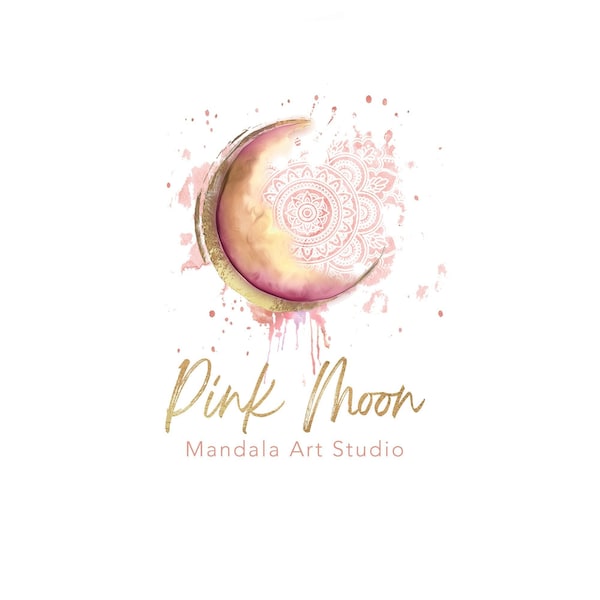 Mandala Logo, Meditation Logo, Holistic Logo, Spiritual Logo, Pink moon, Pink logo Custom logo