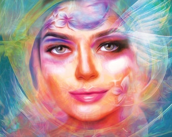 The Visionary wall Art Print, Artwork from the Rainbow Oracle deck,  illustration, Celestial portrait