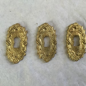 May include: Three gold keyhole escutcheons with a decorative floral design.
