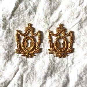 Pode incluir: Duas placas de fechadura douradas e ornamentadas. Cada placa apresenta um buraco de fechadura, rodeado por uma moldura oval, com elementos decorativos como uma coroa, folhas de louro e detalhes enrolados. Para móveis.