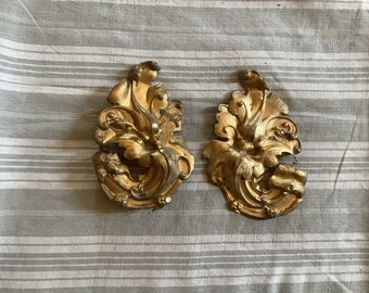 Antique French Tinplate Curtain Finials: Gold Floral Stage Decor