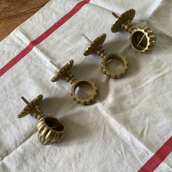 Antique French Ormolu Brass Finials Curtain Pole ends and curtain rod supports 1920s Made in France 4 pieces