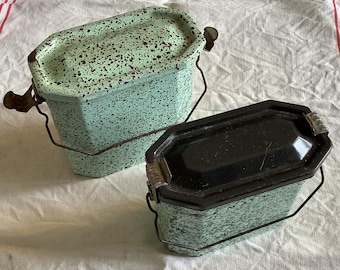 Two Vintage French Enamelware Lunch Boxes:  Workman's Style