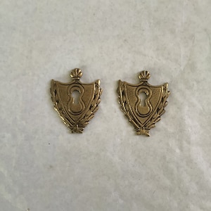 Può includere: Due scudetti dorati per buco della serratura con un designo decorativo a foglie. I buchi della serratura sono al centro degli scudetti.