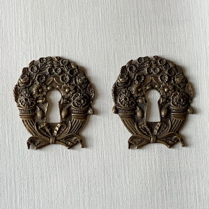 Peut inclure: Deux cache-trous de serrure anciens en laiton. Chaque cache-trou présente un motif de couronne florale avec des roses et d'autres fleurs entourant un trou de serrure. En dessous, des nœuds décoratifs et des éléments en forme de vase. Aspect vieilli.