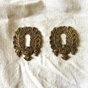 May include: Two antique brass keyhole covers. Each cover features a floral wreath design with a keyhole in the center. The covers have a detailed, ornate design with grape clusters and other decorative elements. The brass has a warm, aged patina.