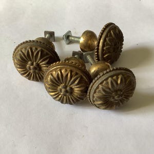 May include: A set of four round, antique brass-toned metal cabinet knobs. Each knob features a raised, radiating floral petal pattern on the front face and includes a threaded metal bolt with a square base for secure installation on furniture.
