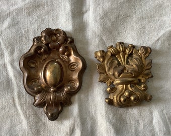 Two Antique Brass Picture Hook Covers / Mounts / Buttons - 1800's Elaborate Made in France brass Assortment