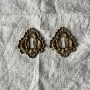 Può includere: Due scudetti per buco della serratura in ottone decorati con un design intricato e decorativo. Gli scudetti hanno una forma a diamante con un buco della serratura al centro.