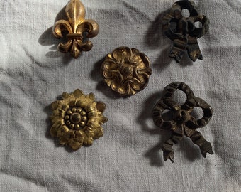 Five Antique Brass Picture Hook Covers / Mounts / Buttons - 1800's Elaborate Made in France brass Assortment