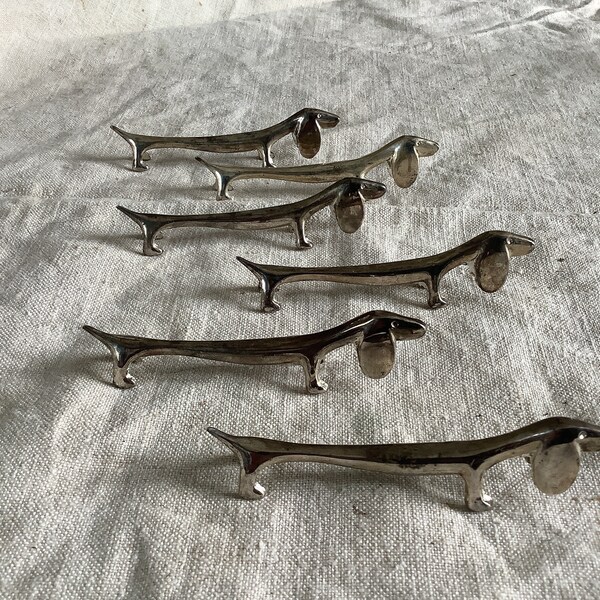 Six matching Vintage Dachshunds  Weiner dogs Shaped Knife Rests French Tarnished Original